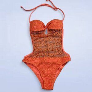 Anemone Bright Orange Crochet Lace One Piece Bathing Suit - Size Small